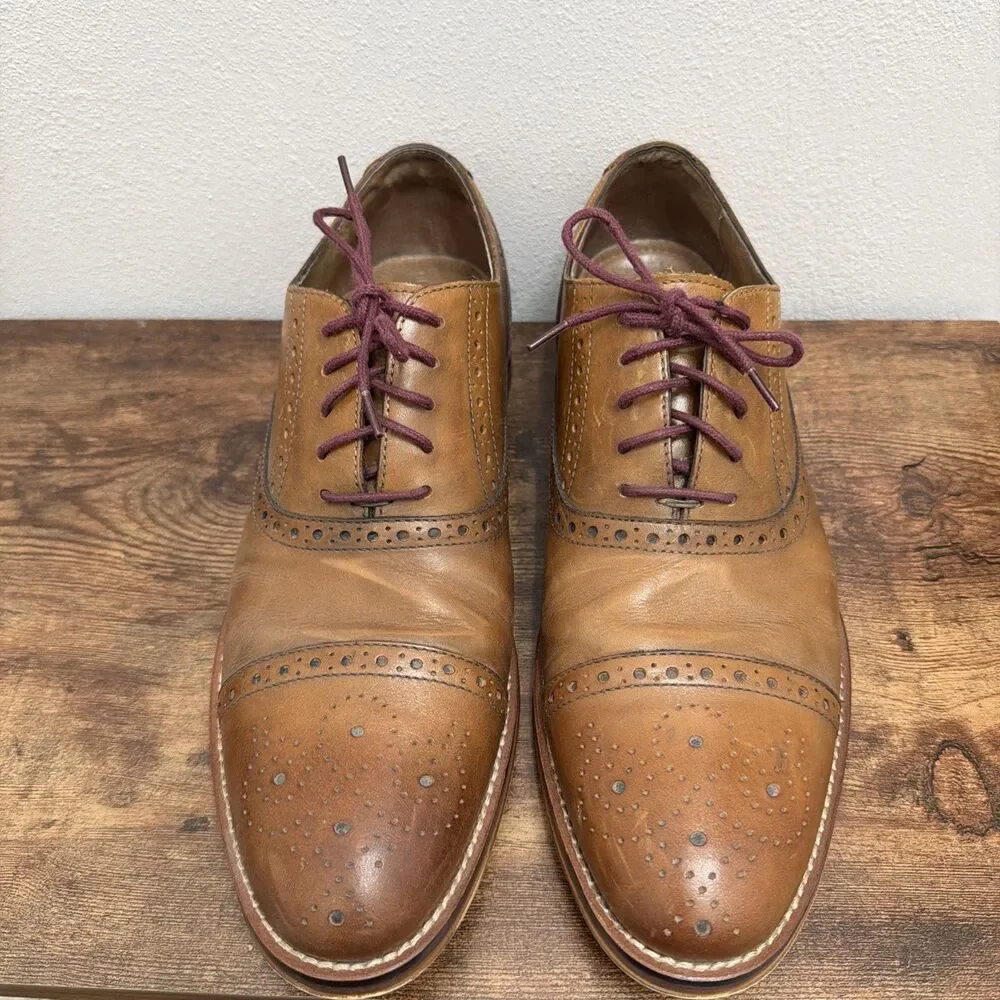 Johnston & Murphy Tan Leather Wingtip Oxfords with Burgundy Laces